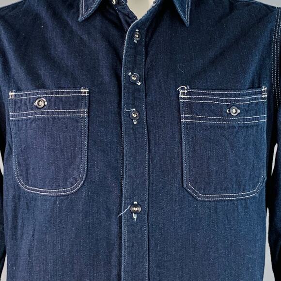L Navy Indigo Twill Cotton Contrast Stitch Long Sleeve Shirt - Picture 2 of 8